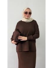 acı kahve triko kalem etekli takım 3