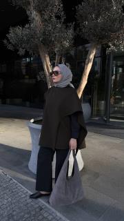 haki yün karışımlı panço